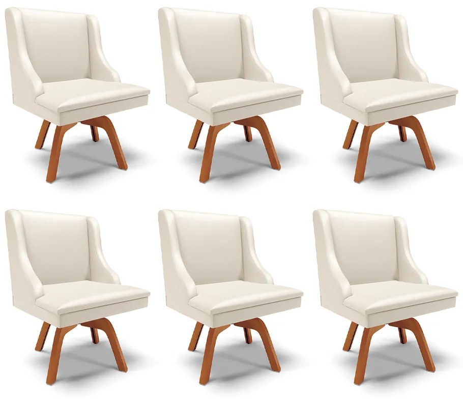 Kit 6 Cadeiras Decorativas Sala de Jantar Base Giratória de Madeira Firenze PU Bege/Natural G19 - Gran Belo