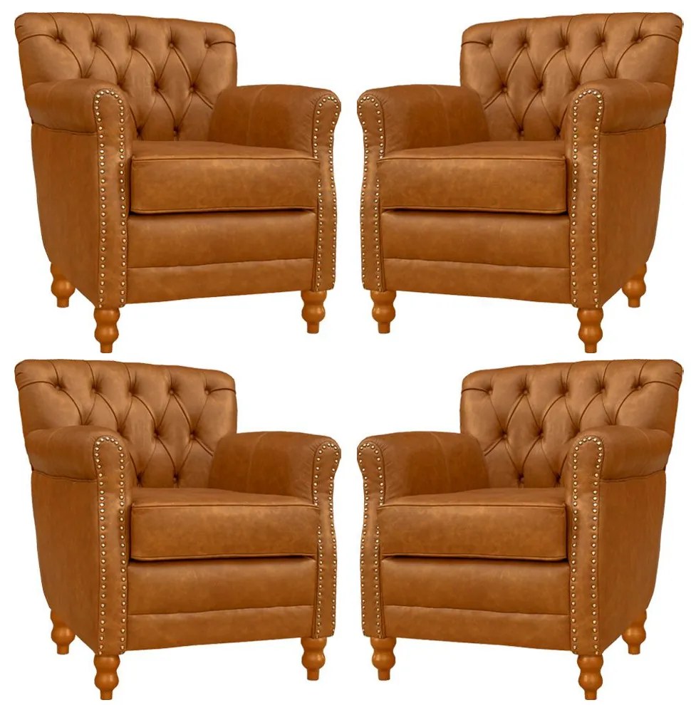 Kit 04 Poltronas Decorativas Sala de Estar Níger Pés Madeira Couro Mel G58 - Gran Belo