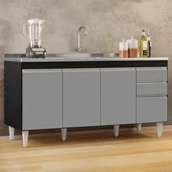 Balcão Gabinete com Pia Inox 160cm Arkansas Preto/Cinza – Lumil