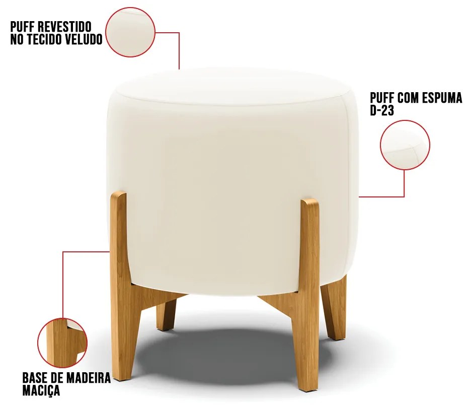 Puff Stella Veludo Base Madeira Castanho - D'Rossi - Bege