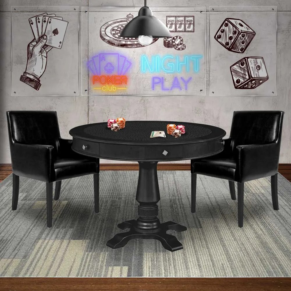 Mesa de Jogos Carteado Redonda Victoria Tampo Reversível Preto com Kit 2 Cadeiras Liverpool PU Preto Liso G36 G15 - Gran Belo