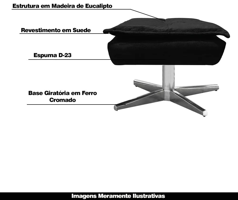 Kit 2 Puff's Decorativos Base Giratória Cromada Charger Suede Preto G19 - Gran Belo