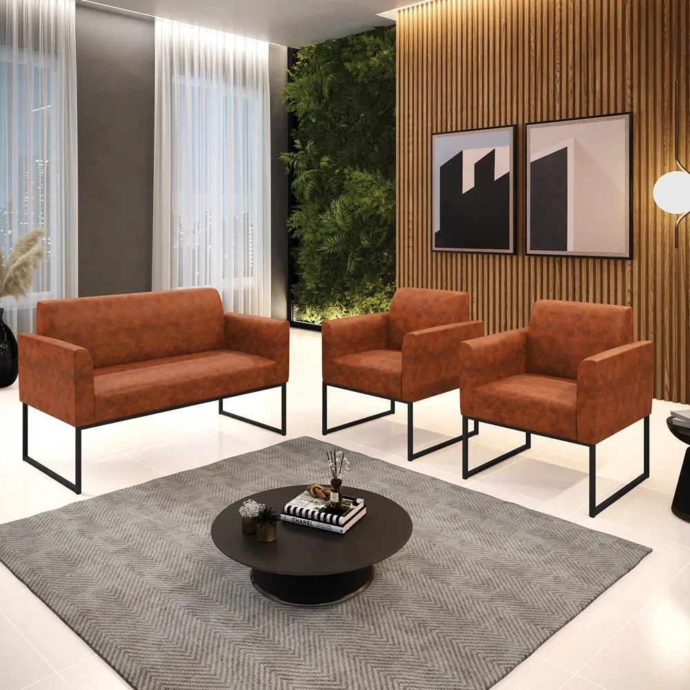 Sofá Namoradeira com 2 Poltronas Base Industrial Preto Marisa Corano D03 - D'Rossi - Nozes