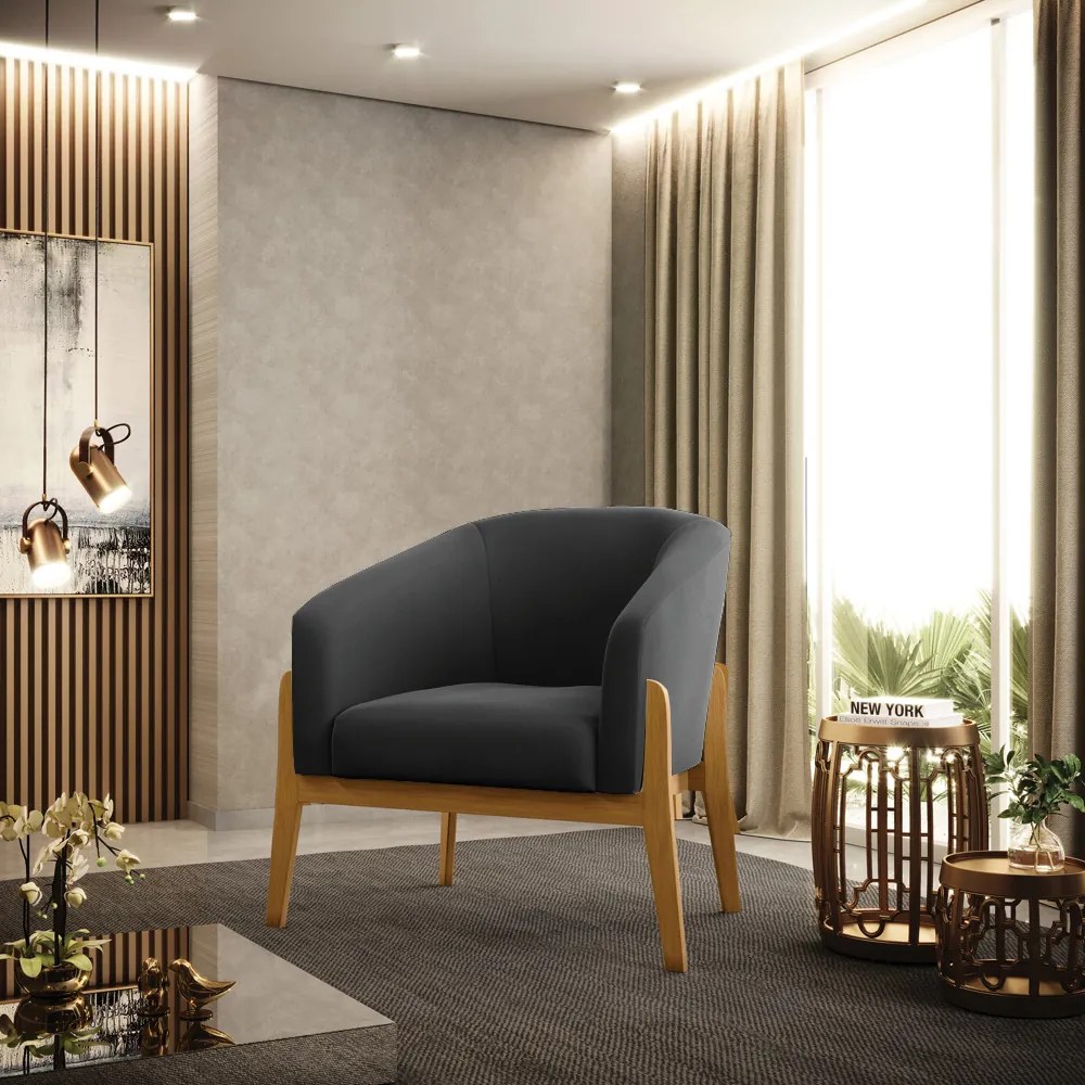 Poltrona Decorativa Base de Madeira Stella Suede Preto D03 - D'Rossi
