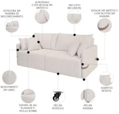 Sofá Cama Retrátil 180cm Essence D05 Linho Cru/Camel - Mpozenato