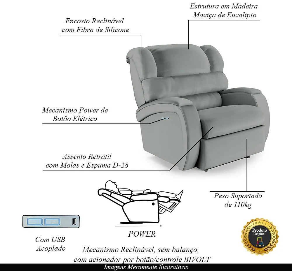 Poltrona do Papai Sala de Cinema Reclinável Kylie Elétrica Botão com Led USB PU Cinza G23