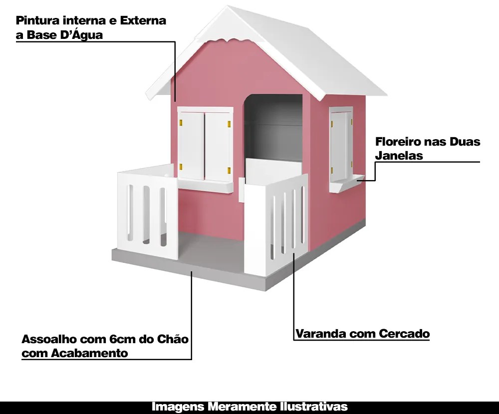 Casinha De Brinquedo Com Cercado Floreiros MDF Rosa/Branco L12 - Gran Belo
