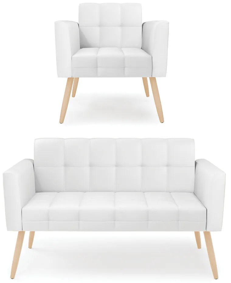 Kit 1 Sofá Namoradeira e 1 Poltrona Elisa Corino Pés Palito Natural - D'Rossi - Branco