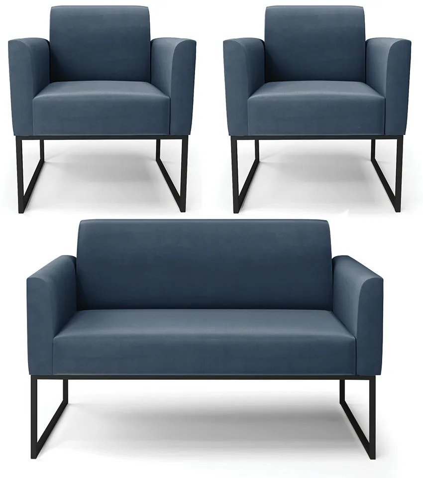 Sofá Namoradeira com 2 Poltronas Base Industrial Preto Marisa Suede D03 - D'Rossi - Azul Marinho