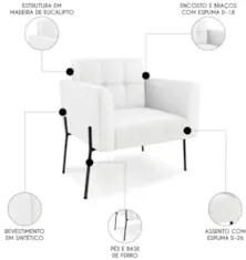 Poltrona Para Sala Pés Metálicos Preto Ana Sintético Branco - Ibiza