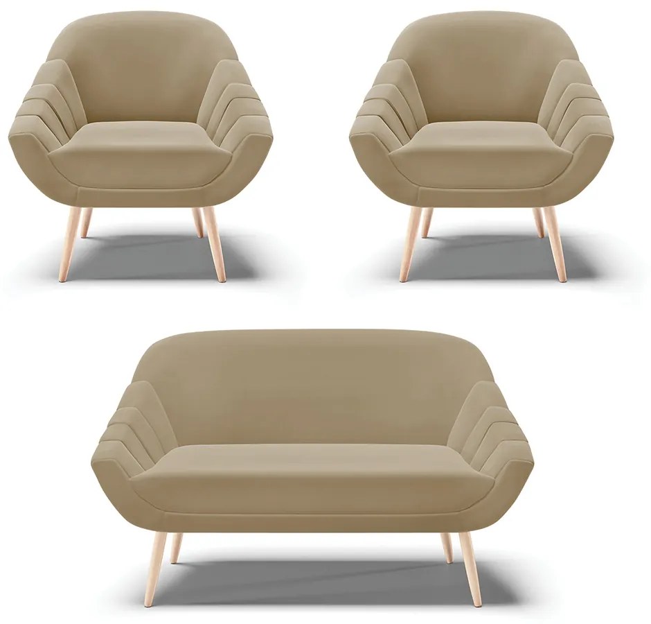 Kit 01 Namoradeira 02 Lugares e 02 Poltronas Giovana Suede Marrom Rato Pés Palito Natural - D'Rossi