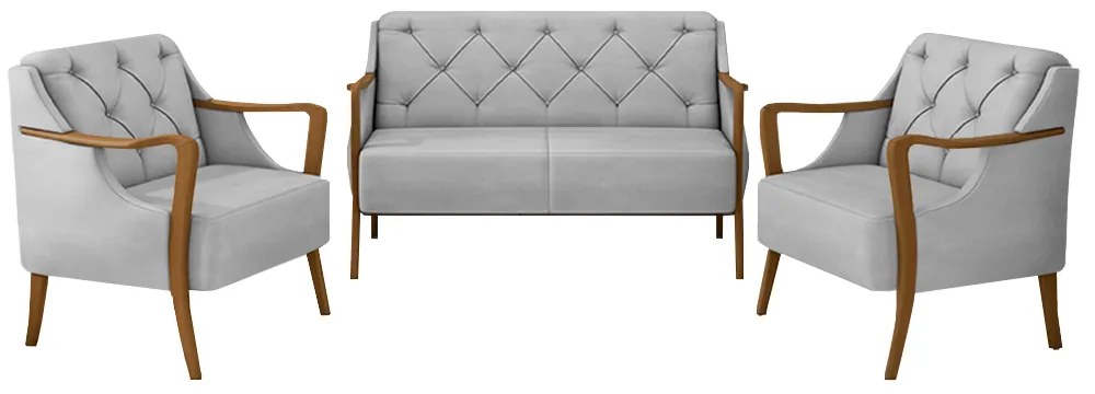 Conjunto Decorativo 2 Poltronas e 1 Namoradeira 2 Lugares Hand Veludo Cinza G45 - Gran Belo
