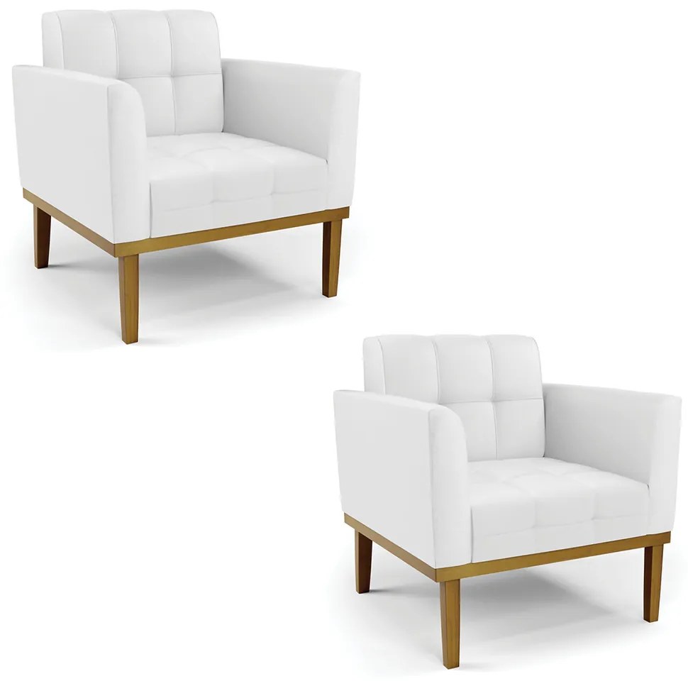 Kit 2 Poltronas Decorativas Karen Pés Fixo em Madeira Castanho PU Branco G19 - Gran Belo