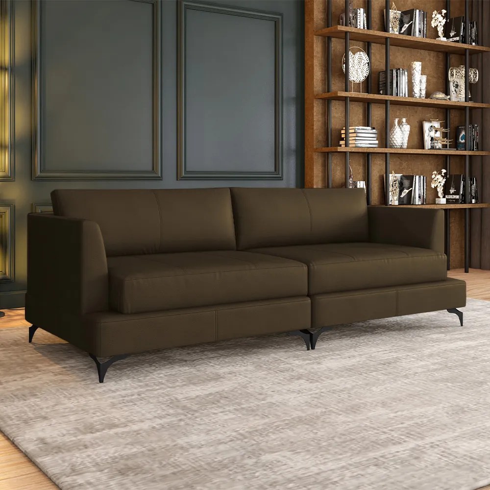 Sofá Living Bipartido 270cm Indonésia Pés de Ferro Couro Capuccino G52 - Gran Belo