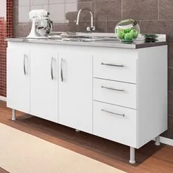 Balcão Gabinete Nathan com Pia Inox 160cm 3 Portas Branco - Nathy Móve