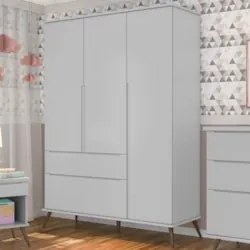 Guarda Roupa Infantil 100% MDF 3 Portas Pés Retrô Mel Z39 Cinza - Mpoz