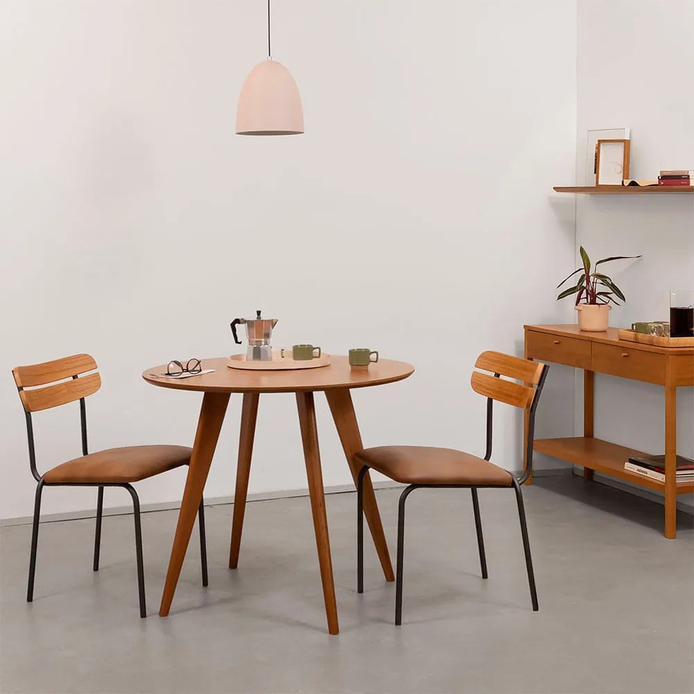 Conjunto Mesa de Jantar Square Redonda 88cm Louro Freijó com 2 Cadeiras Ribs PU Caramelo