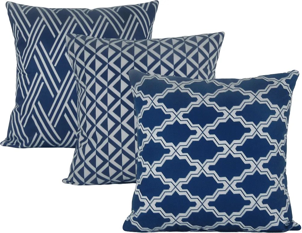3 Capas para Almofadas Soft Veludo Geométrico Azul 43x43cm