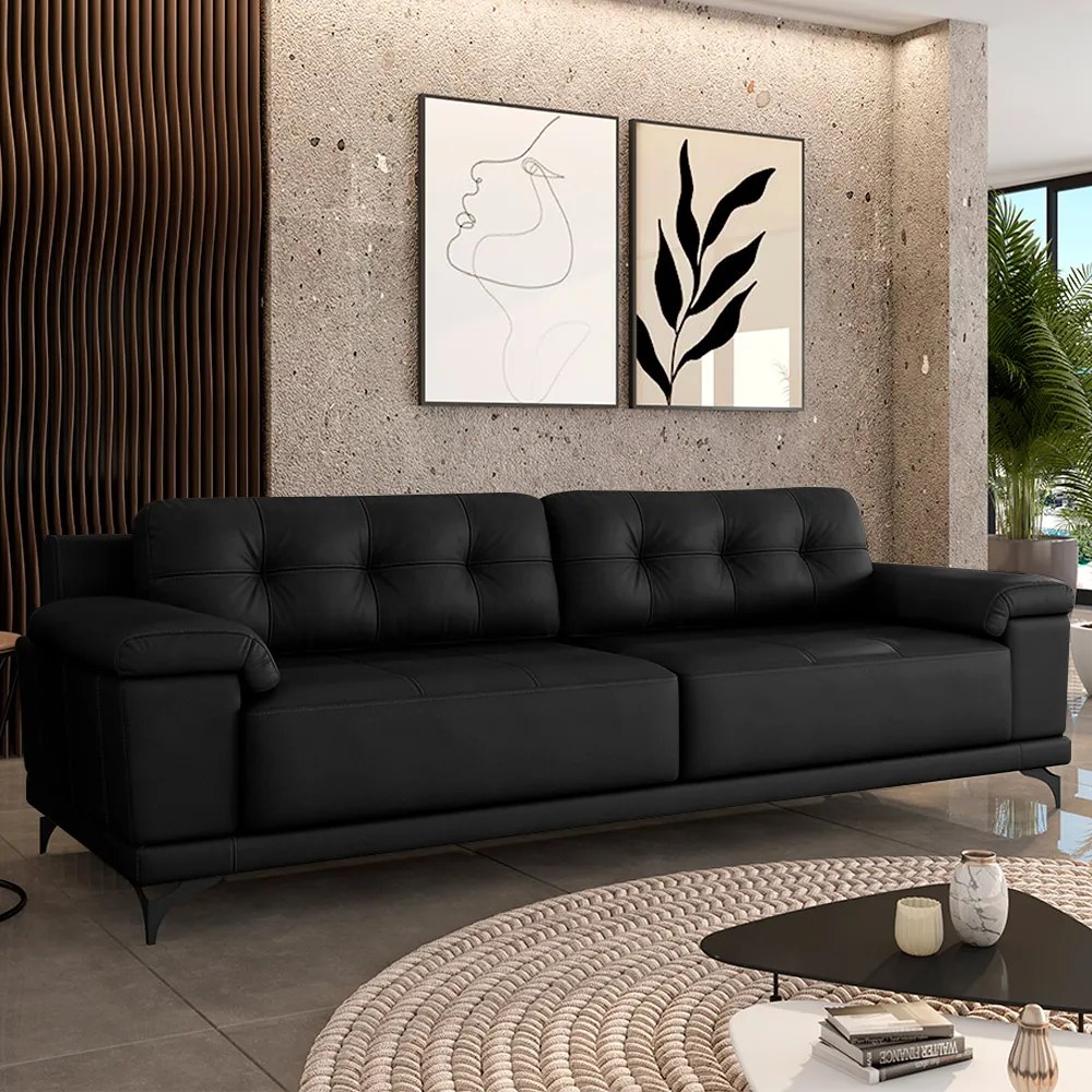 Sofá Living 4 lugares 255cm Agostino Pés Design em Ferro Couro Preto G52 - Gran Belo