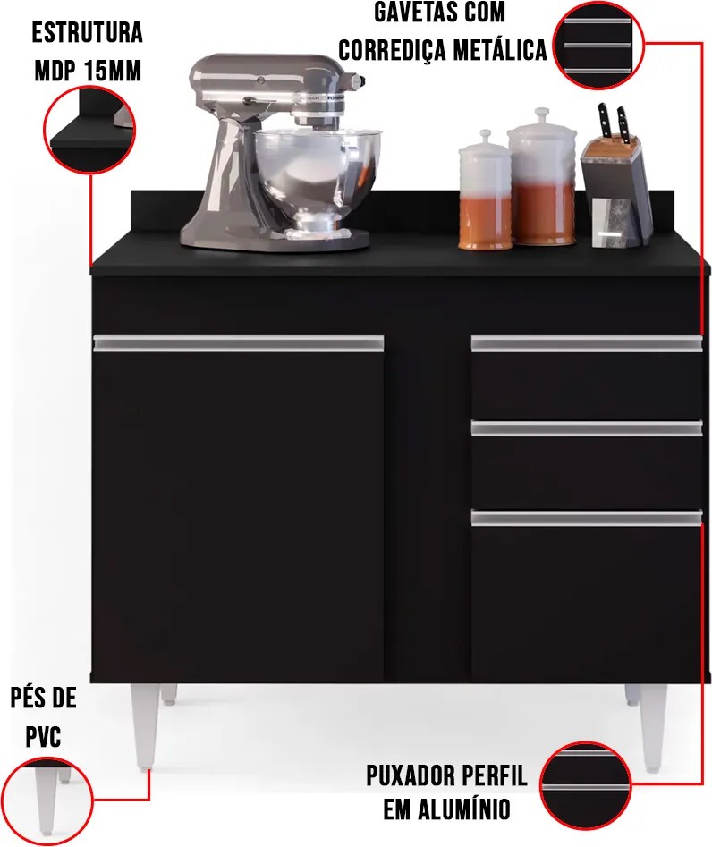 Balcão de Cozinha Lavanderia com Tampo 02 Gavetas Bia 100 cm L06 - D'Rossi - Preto