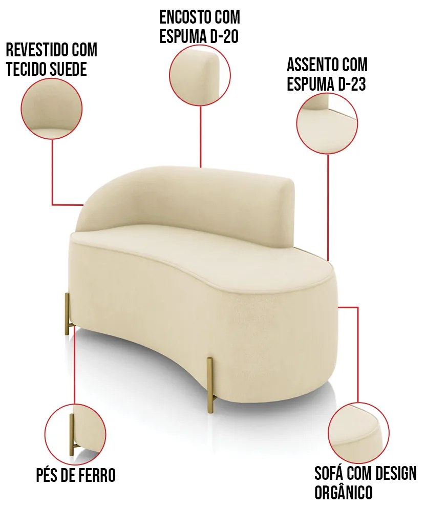 Sofá 2 Lugares Orgânico 140cm Pé Dourado Morgan Suede D03 - D'Rossi - Bege