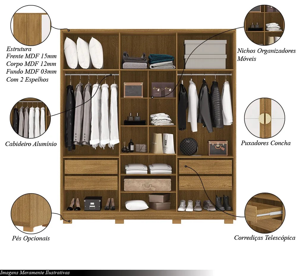 Guarda Roupa Casal Marlin 6 Portas de Bater 2 com Espelhos 4 Gavetas com Nichos MDF Nature G98 - Gran Belo