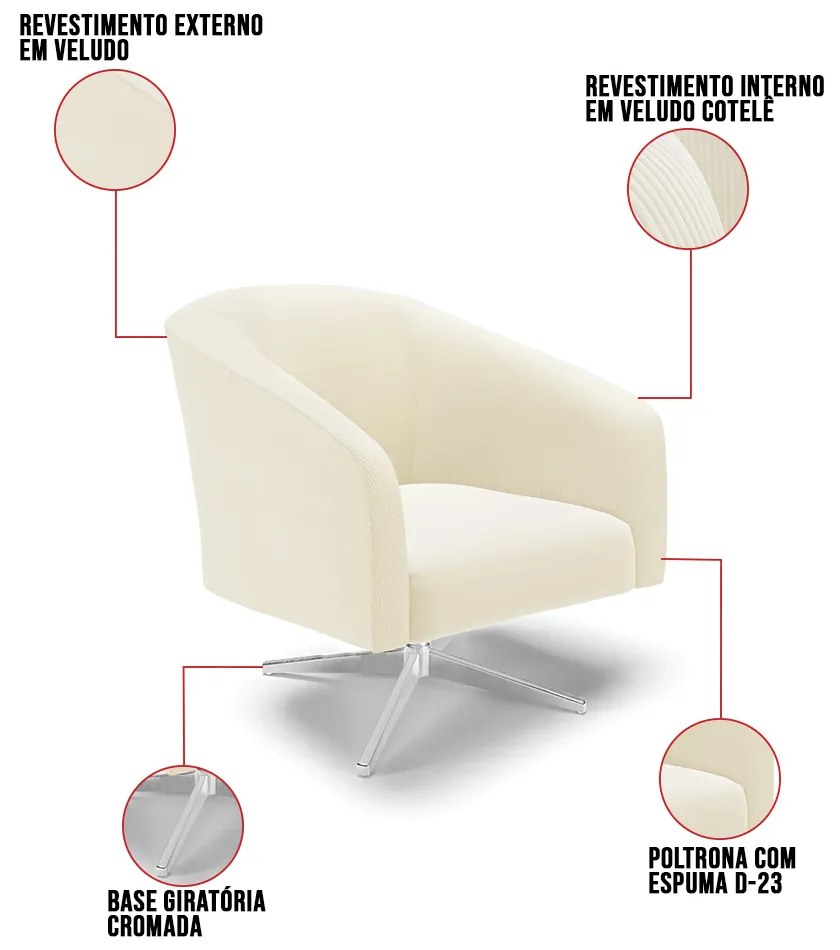 Poltrona Decorativa Giratória Cromada Stella Cotelê Int/Veludo D03 - D'Rossi - Off White