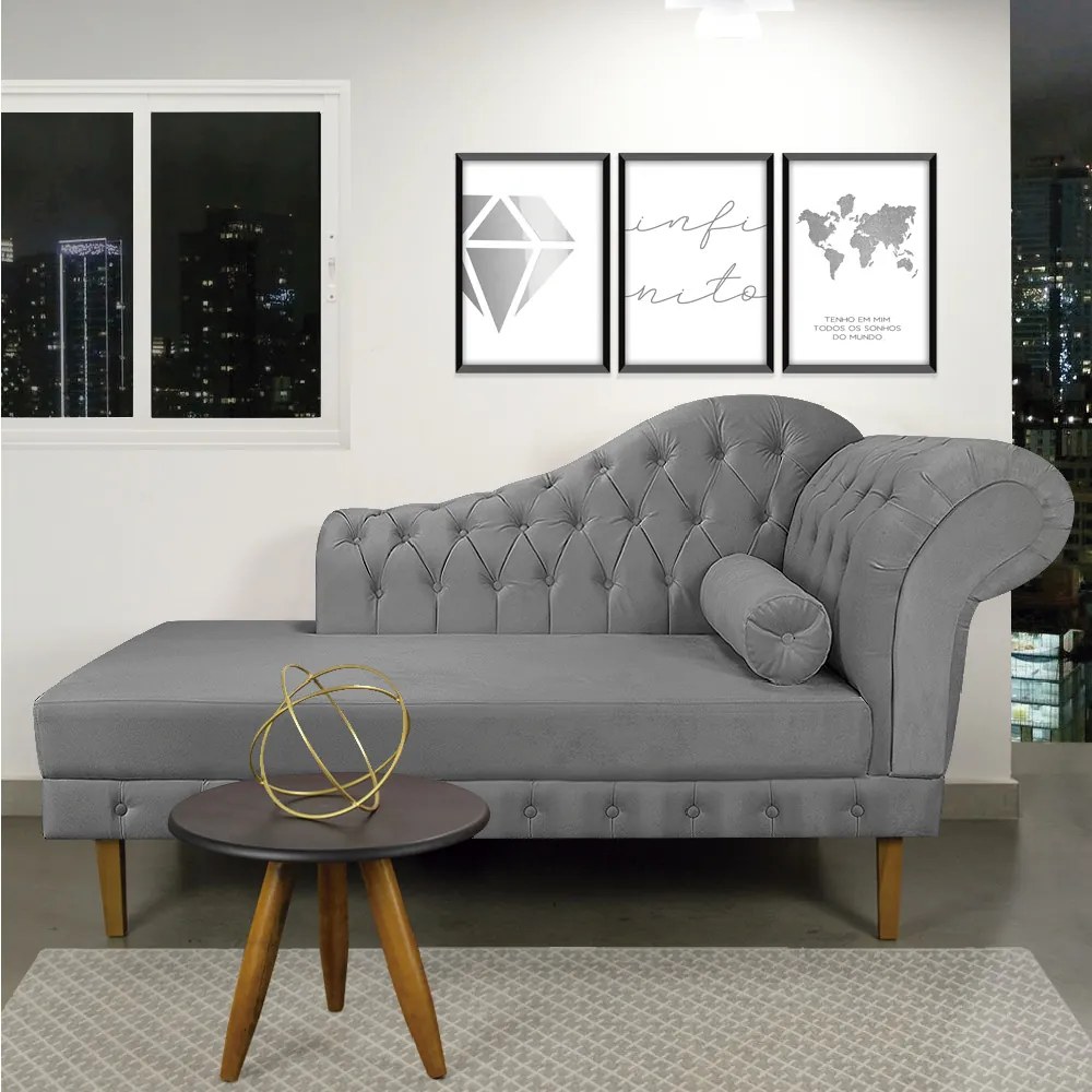 Divã Recamier Capitonê Mônaco 165 cm Suede Grafite Pés Chanfrado- D'Rossi