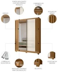 Guarda Roupa Solteiro 175cm Espelho Florença Z17 Freijó/Off - Mpozenat