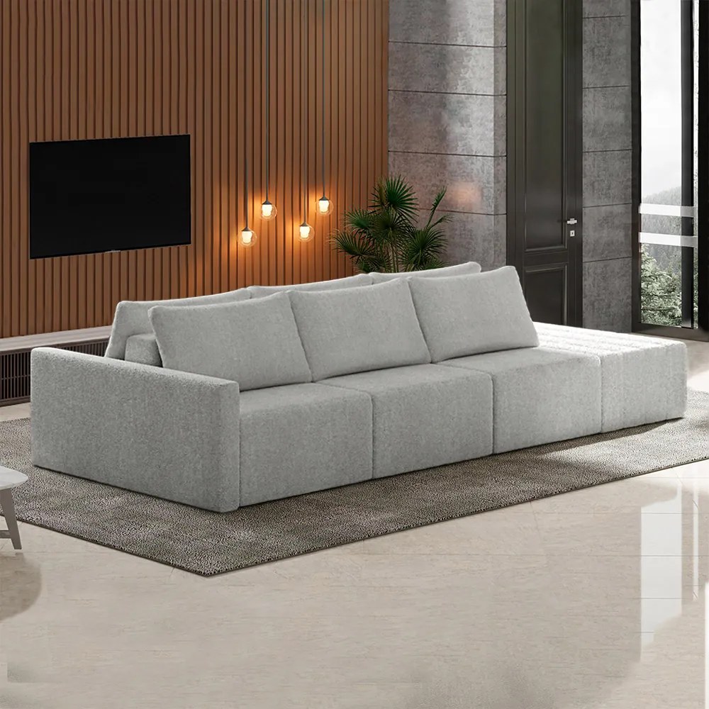 Sofá Ilha Modulado Milos 312cm Puff Lateral Bouclê Cinza G33 - Gran Belo