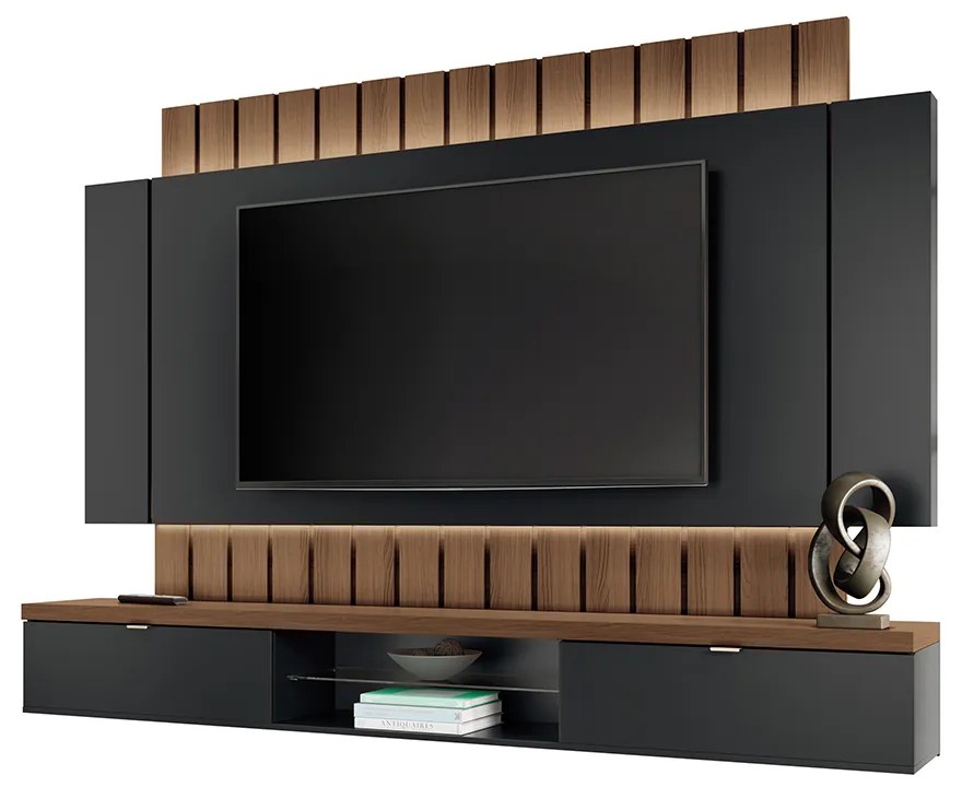 Painel Home Suspenso 2.2 para TV até 70 Polegadas com Fita LED MDP/MDF Illusion Preto/Castanho G26 - HB Móveis