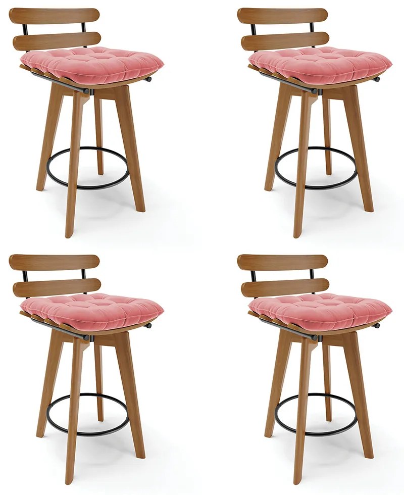 Kit 04 Banquetas Giratória Costela Suede Rosê Base Madeira MA70 - D'Rossi