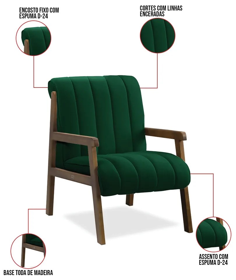 Poltrona Decorativa para Sala Base de Madeira Daline Bouclê E03 - D'Rossi - Verde