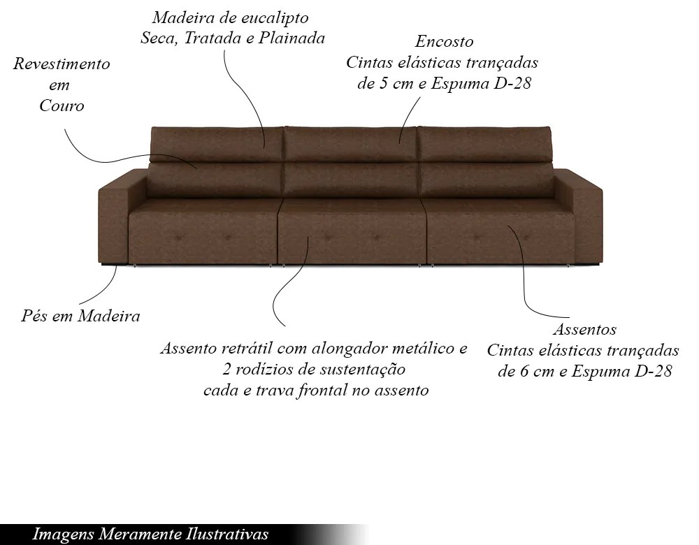 Sofá Retrátil 5 Lugares 314cm 3 Módulos Nero Couro Manchado G52 - Gran Belo