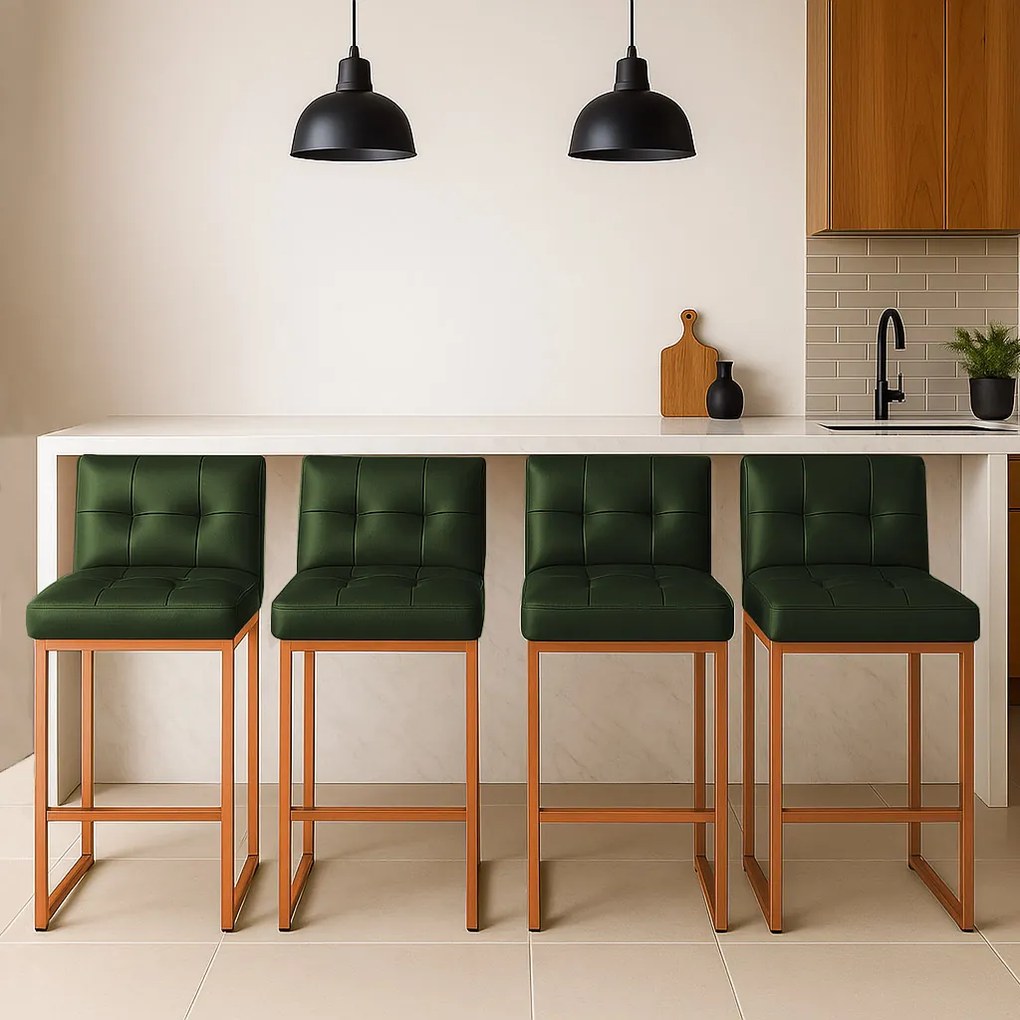 Banqueta Cozinha Alta com Encosto Industrial Kit 4 Bronze Lirina PU C05 - D'Rossi - Verde