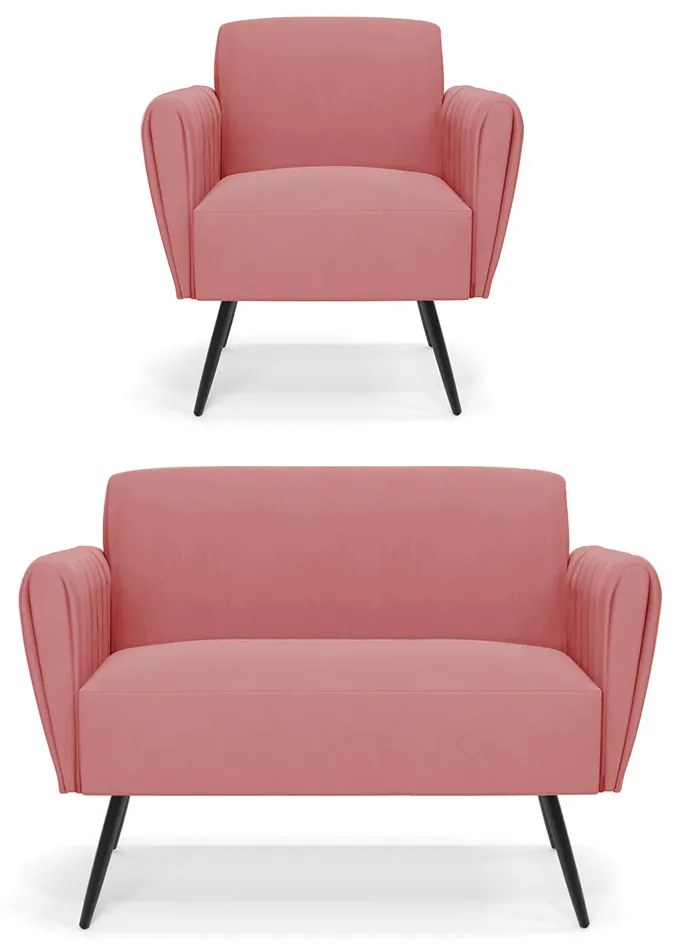 Sofá Namoradeira com Poltrona Pés Palito de Ferro Bruna Suede D01 - D'Rossi - Rose
