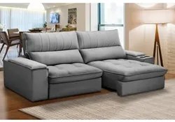 Sofá Retrátil 3 Lugares com Porta Copo 250cm Andes F05 Veludo Cinza -