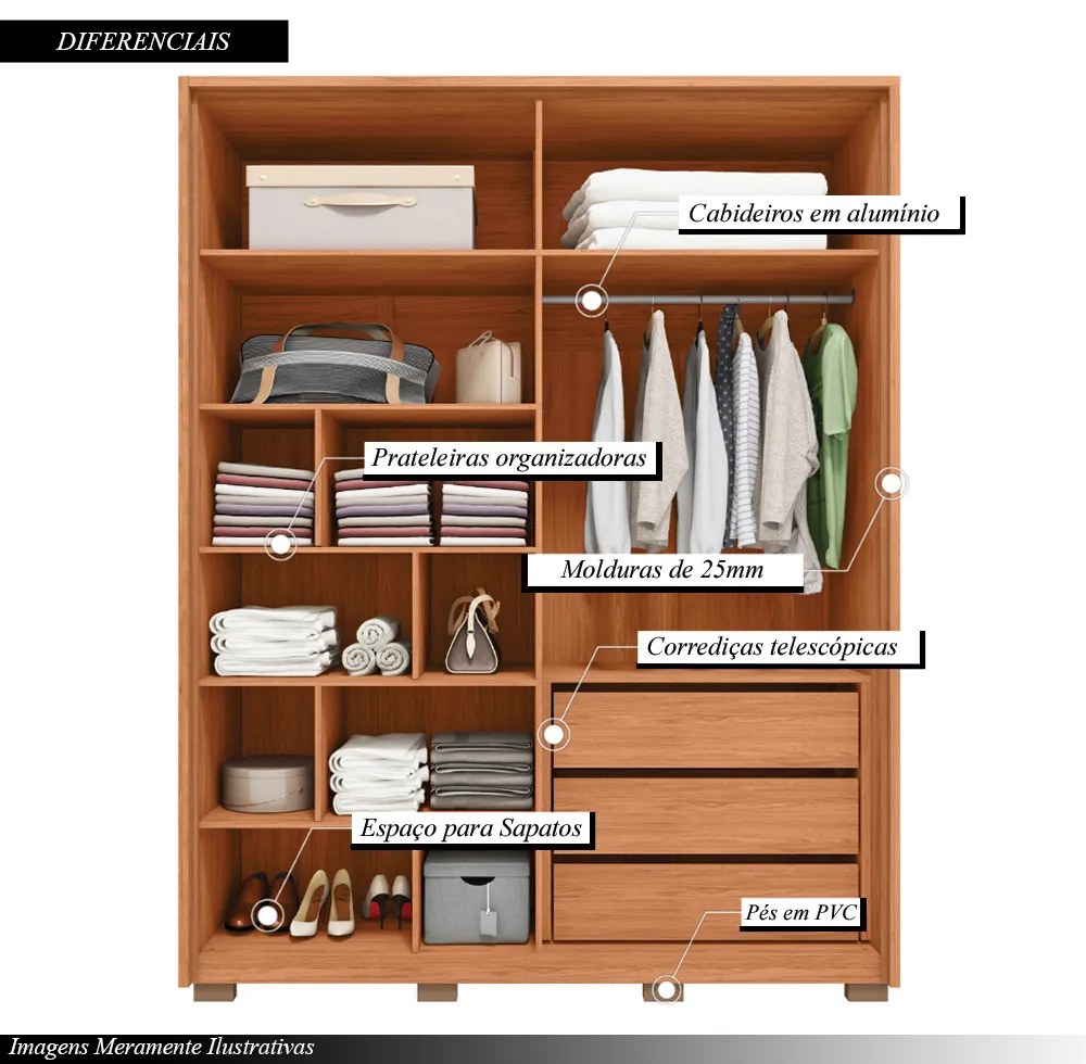 Guarda Roupa Solteiro Glory 4 Portas de Bater com 2 Espelhos e Gavetas MDF Freijo/Sued G11 - Gran Belo