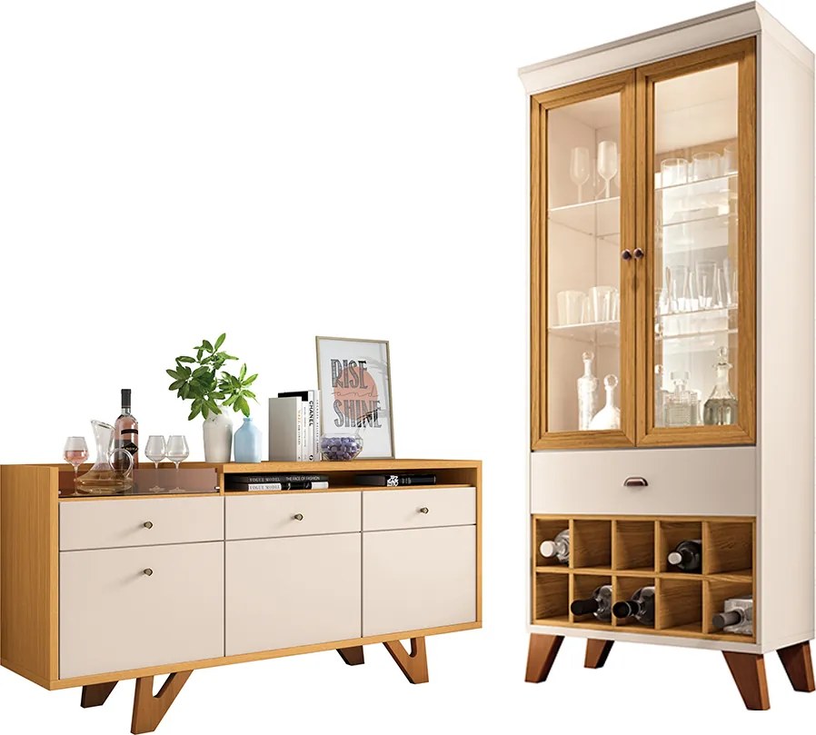 Conjunto Cristaleira e Buffet Aparador Decorativo Ópera/Sollare Off White/Cinamomo G26 - HB Móveis