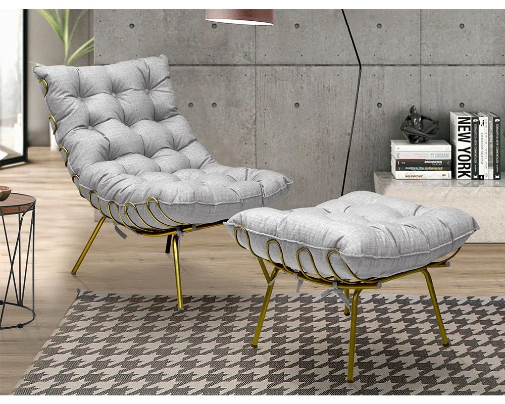 Conjunto Decorativo Poltrona e Puff Abel Base de Ferro Dourada Linho Cinza G41 - Gran Belo