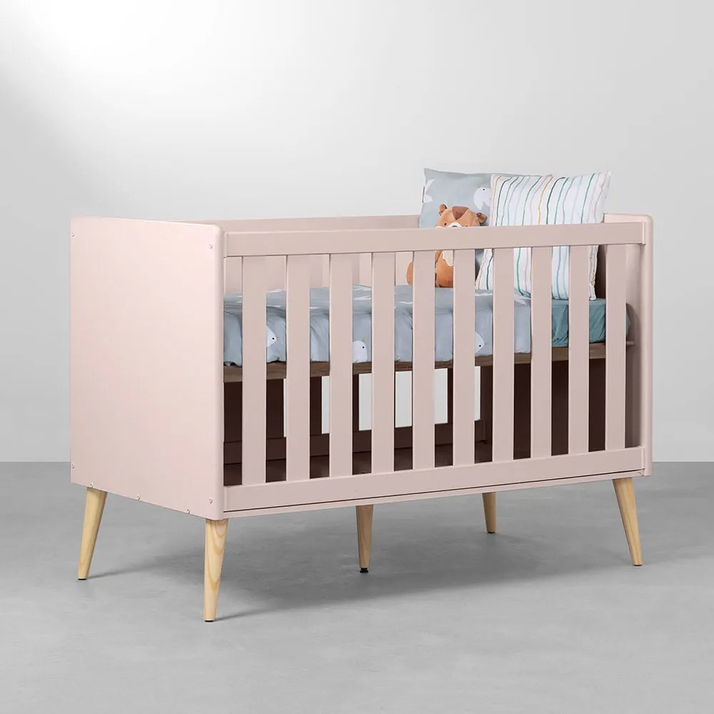 Berço Mini Cama Theo com Pés Retrô Natural - Rosa