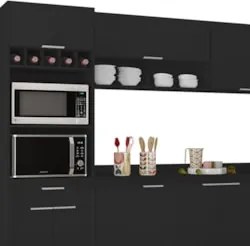 Armário de Cozinha Com Tampo CP04 310cm Pérola Preto Z34      - Mpozen
