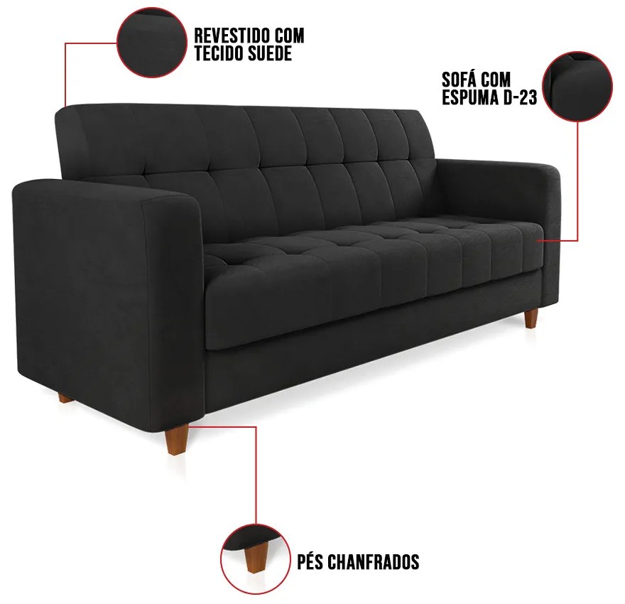 Sofá 03 Lugares Arezzo Suede Pés Chanfrado Castanho D01 - D'Rossi - Preto