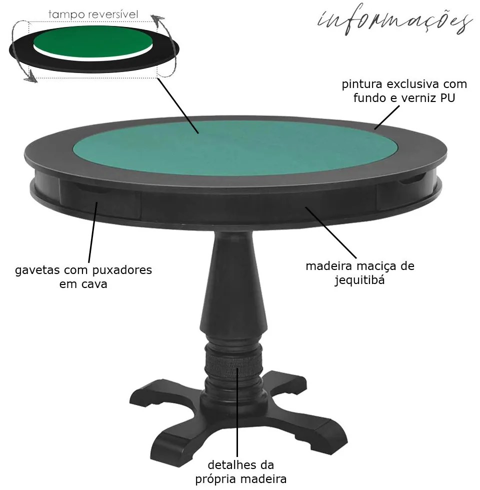 Mesa de Jogos Carteado Victoria Redonda Tampo Reversível Preto com 2 Cadeiras Vicenza Suede Verde G36 G15 - Gran Belo