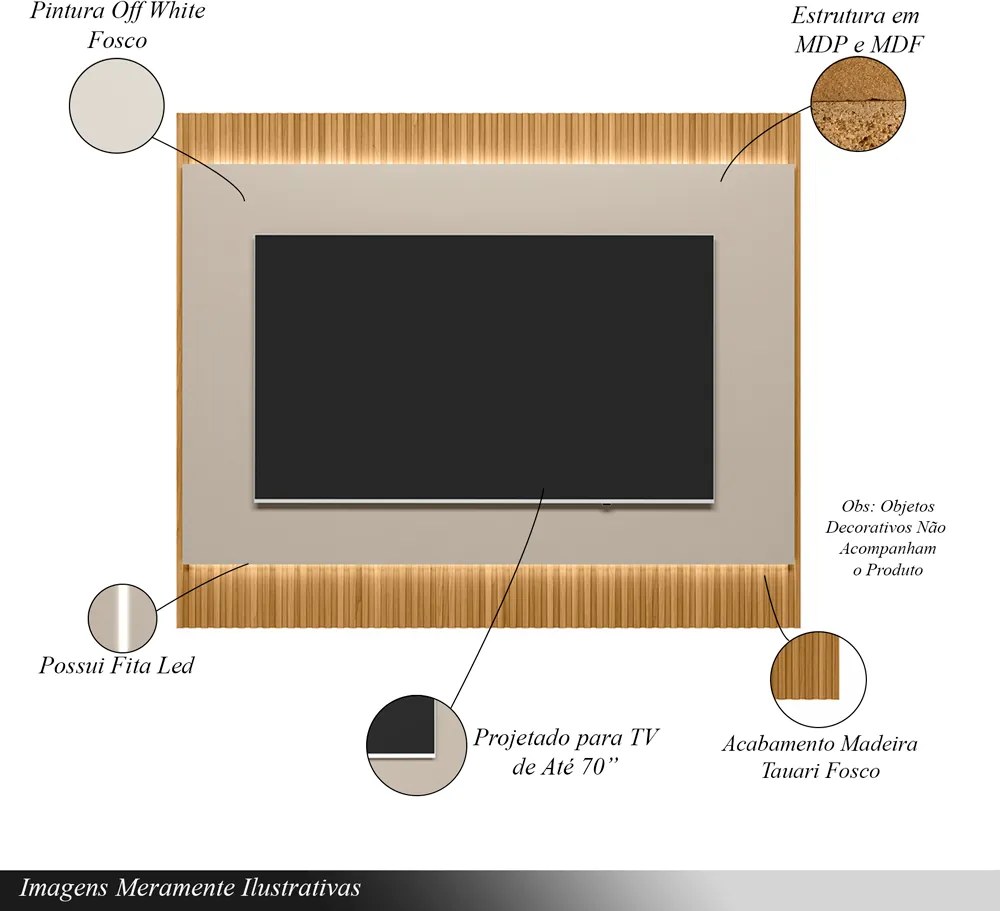 Painel Decorativo Singapura MDP/MDF TV até 70 Polegadas Ripado 1.8 Tauari/Off White G77 - Gran Belo