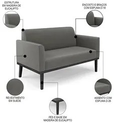 Sofá Namoradeira e 1 Poltrona Base Madeira Preto Maressa Suede Grafite