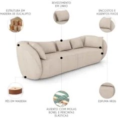 Sofá 3 Lugares 252cm Orgânico Pé Madeira Yume Linho Cru Z55 - Mpozenat