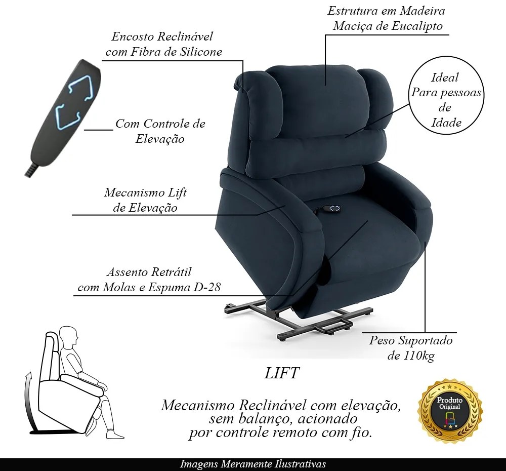 Poltrona do Papai Sala de Cinema Reclinável Kylie Elevação Lift Elétrico Veludo Azul G23