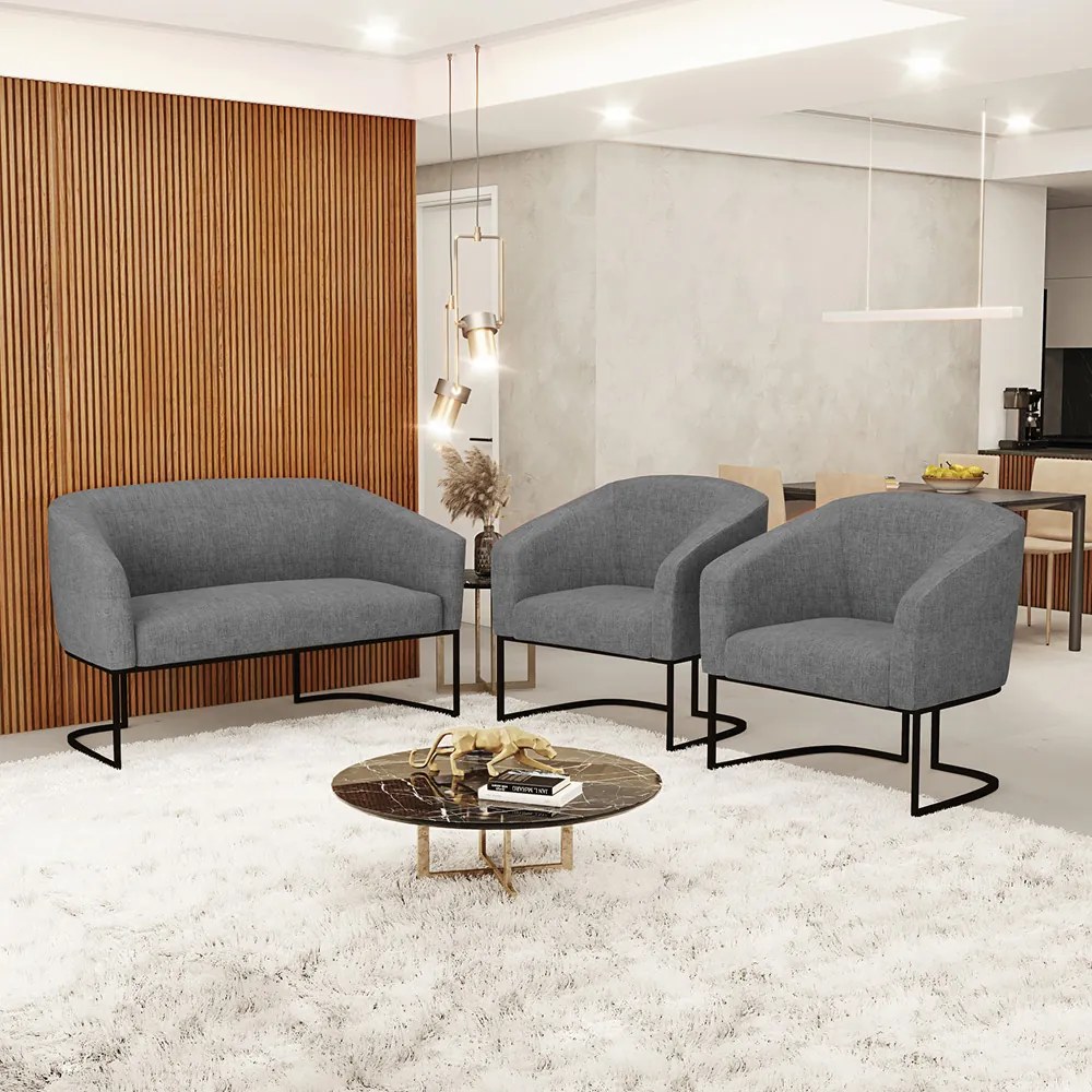 Namoradeira e 2 Poltronas Industrial Preto Stella Linho D03 - D'Rossi  - A26 Gafite