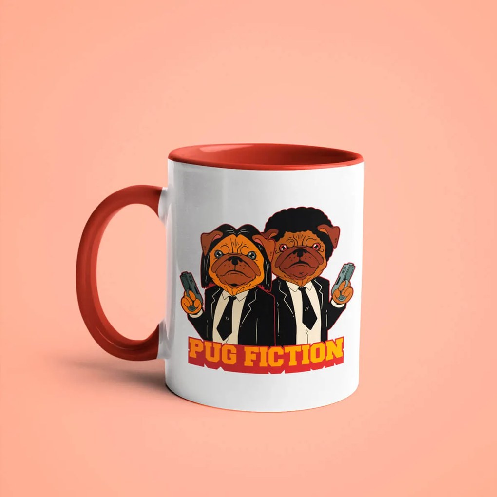 Caneca Pug Fiction Dog Cachorro Geek Nerd Branca com Alça Marrom
